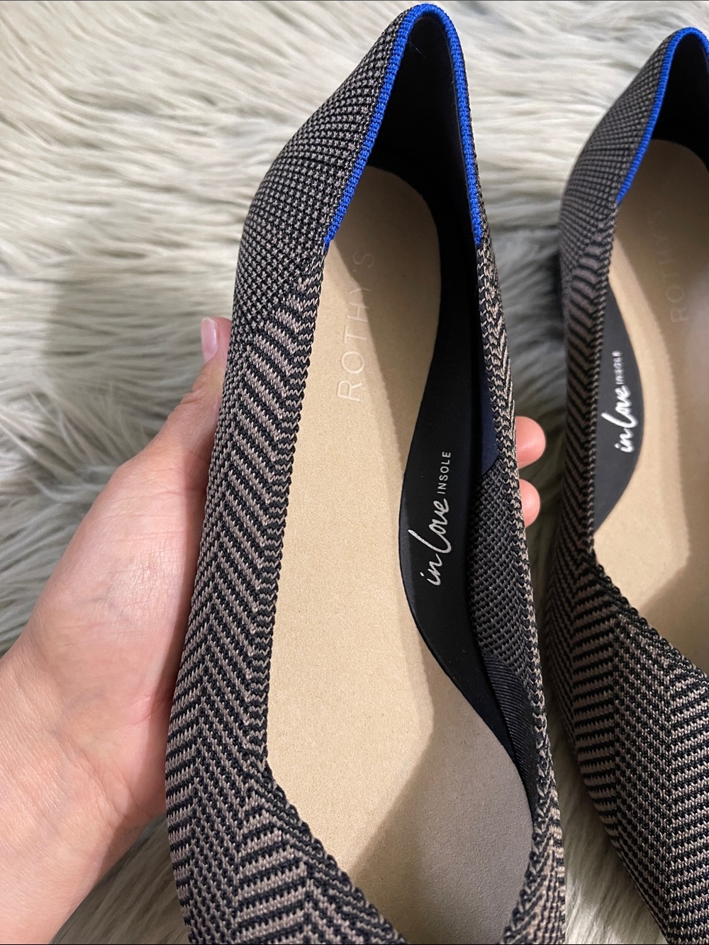 Rothy's Pointed Toe Flats in Brown Herringbone with Blue Trim - Picture 3 of 6